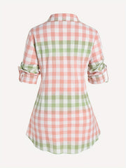  Colorblock Gingham Button Up Peplum Blouse