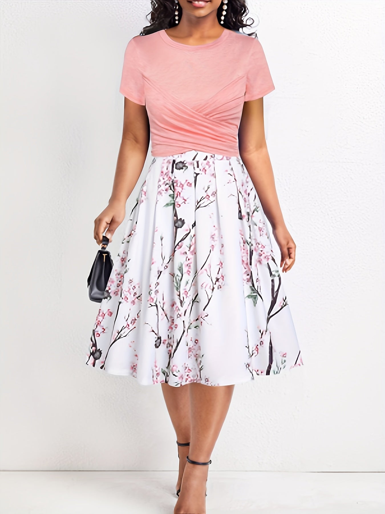  2 Piece Set: Bow Knot Crop Top & Floral Print Pleated Skirt