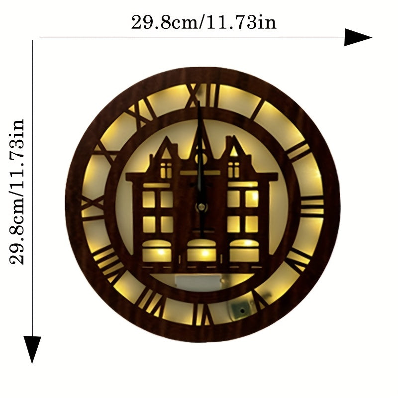 LED Lights Wooden Holiday Home Decoration Wall Hanging House Watch