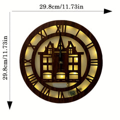 LED Lights Wooden Holiday Home Decoration Wall Hanging House Watch
