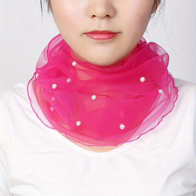 Faux Pearl Decor Mesh Scarf Solid Thin Veil Infinity Scarf