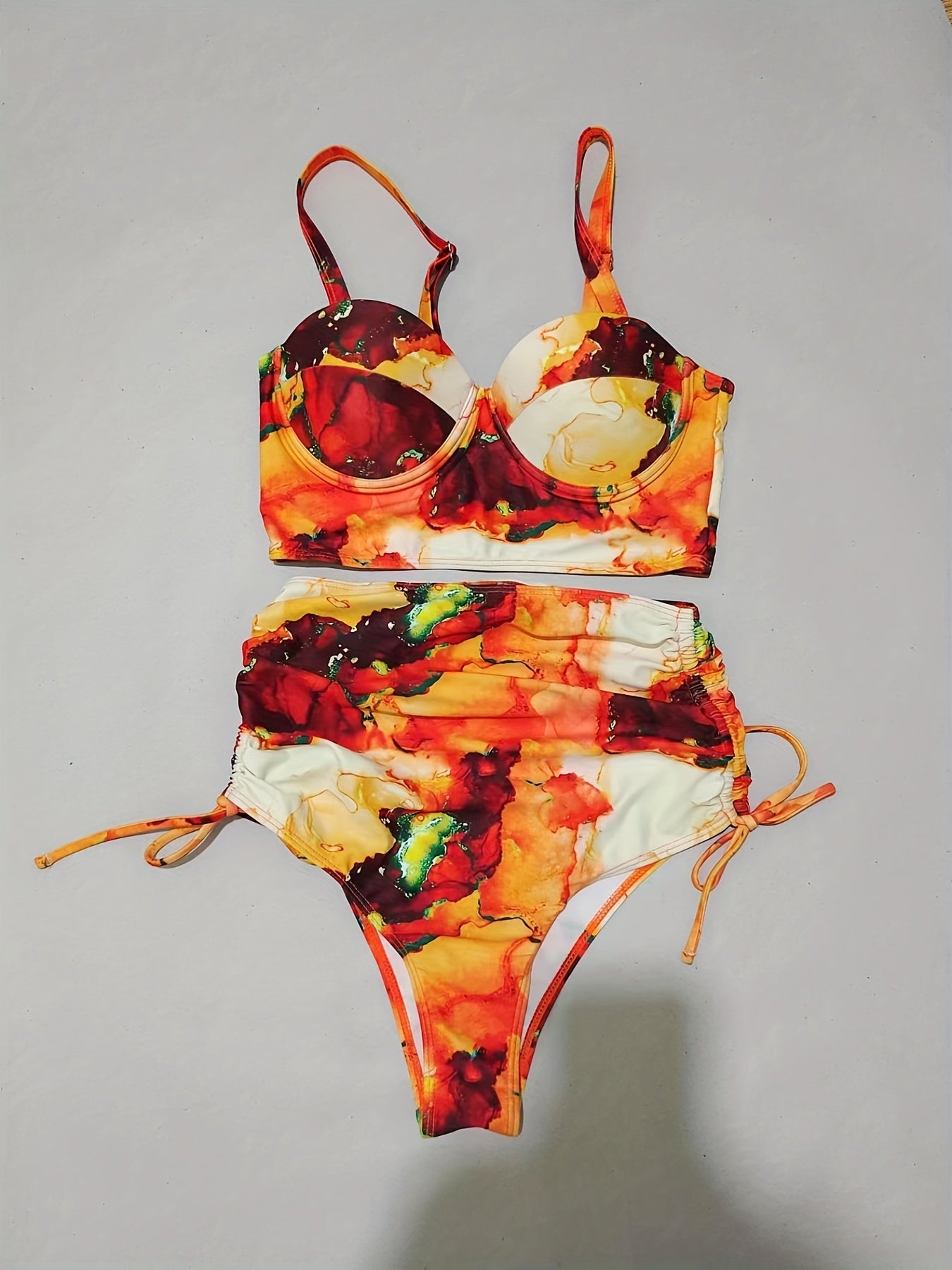 Tie Dye Push Up Bikini Set V Neck Tie Side High Cut Two Piece Swimwear