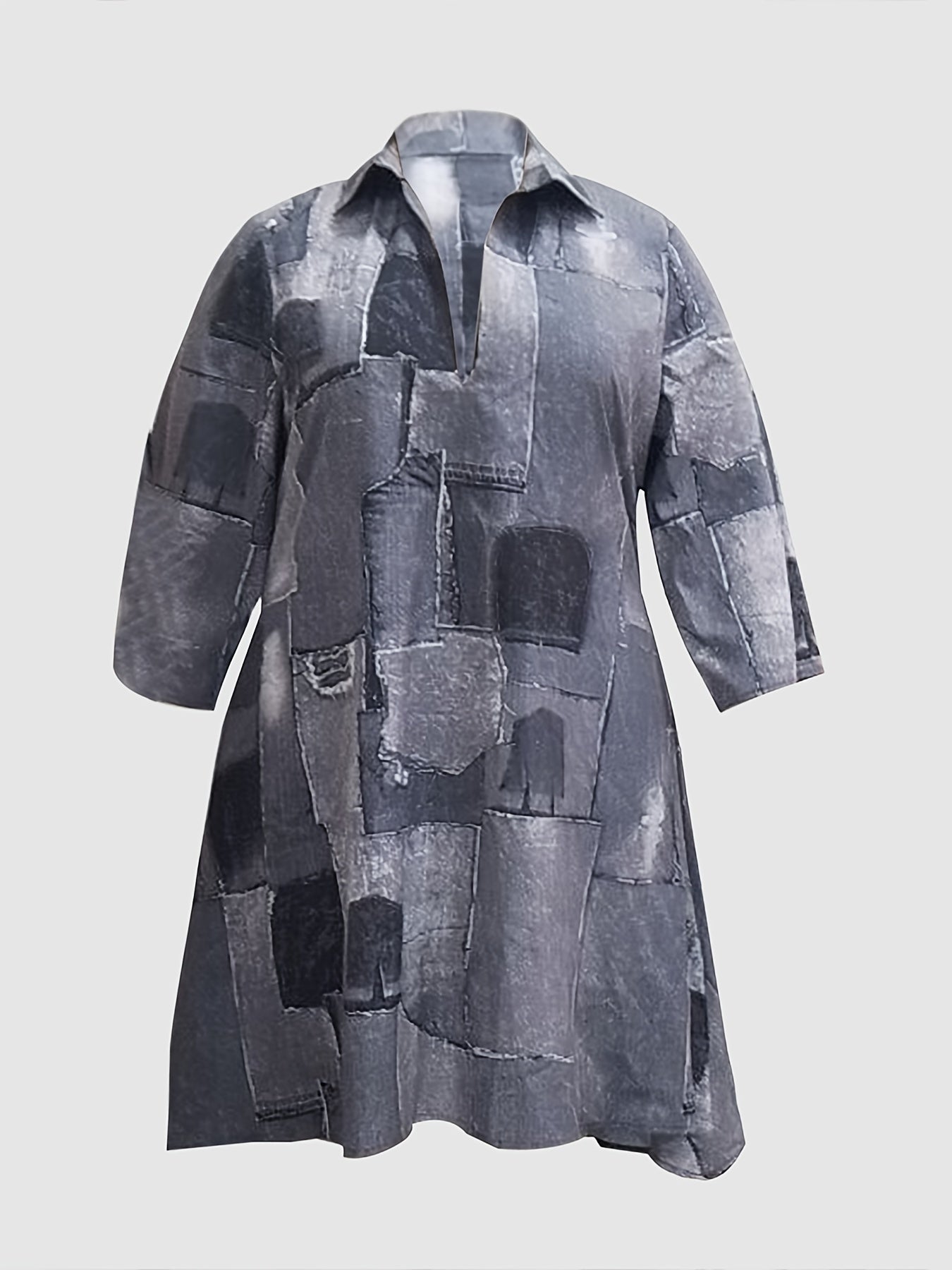  Denim Print Deep V Neck Midi Dress Women's Plus Slight Stretch