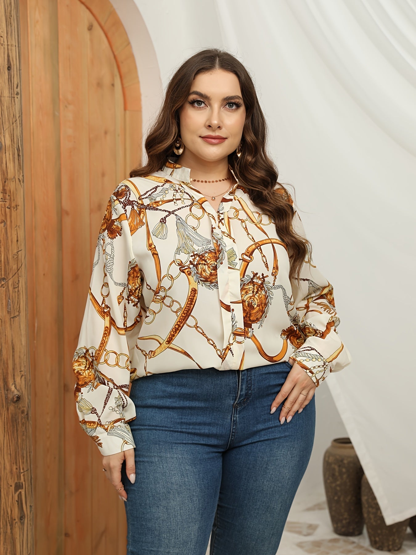  Baroque Print Stand Collar Blouse Long Sleeve Shirt