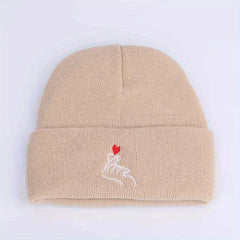 Love Gesture Embroidered Beanie Warm Skull Cap Couple Knit Hat
