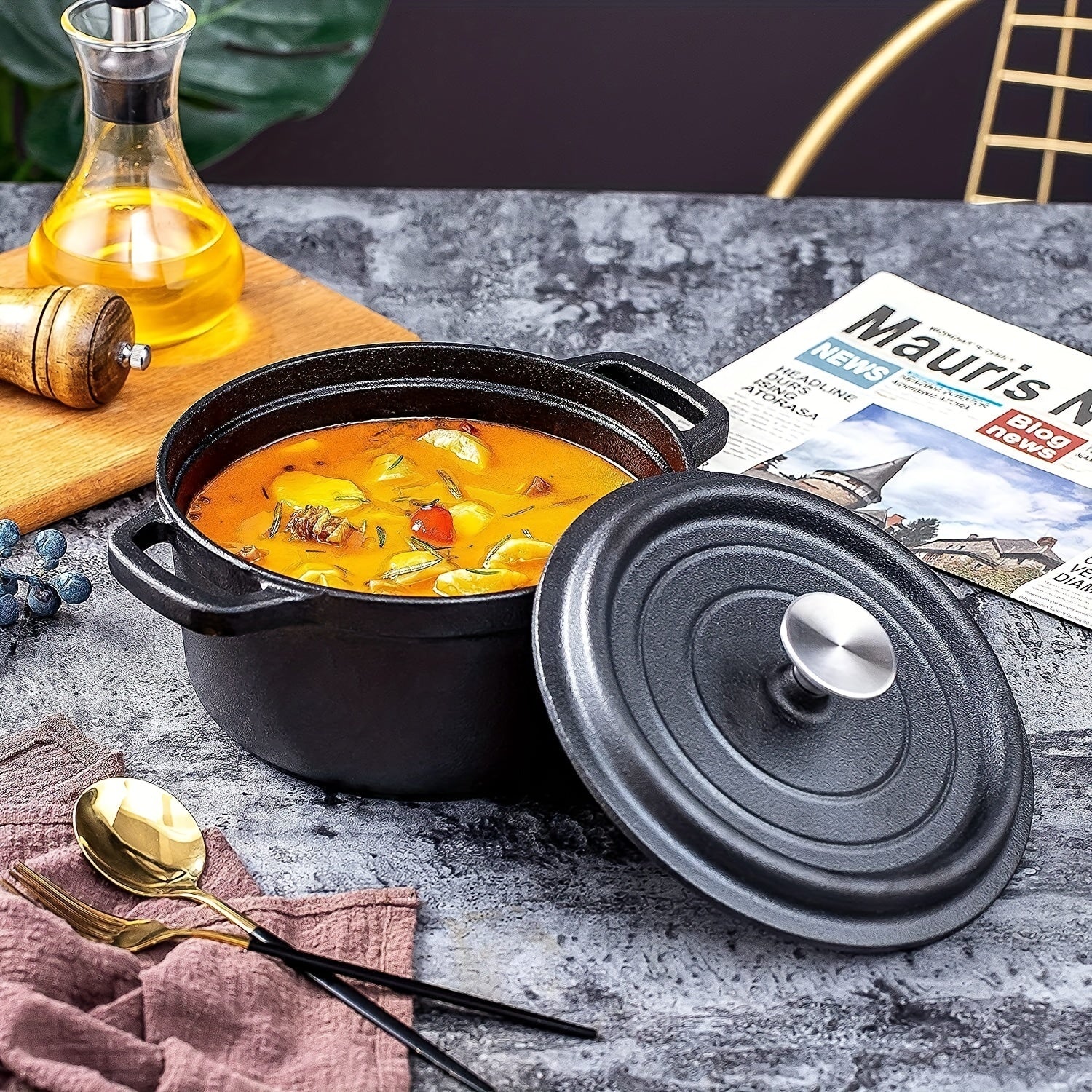 Cast Iron Casserole Dutch Oven Grill Pan Soup Pot With Lid