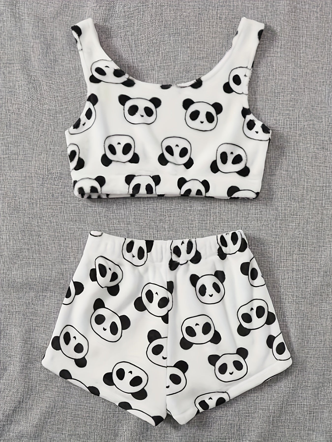  Panda Pattern Fluffy Crop Tank Top & Shorts Lounge Set