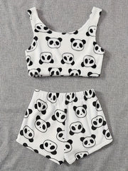  Panda Pattern Fluffy Crop Tank Top & Shorts Lounge Set