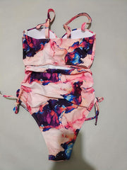 Tie Dye Push Up Bikini Set V Neck Tie Side High Cut Two Piece Swimwear
