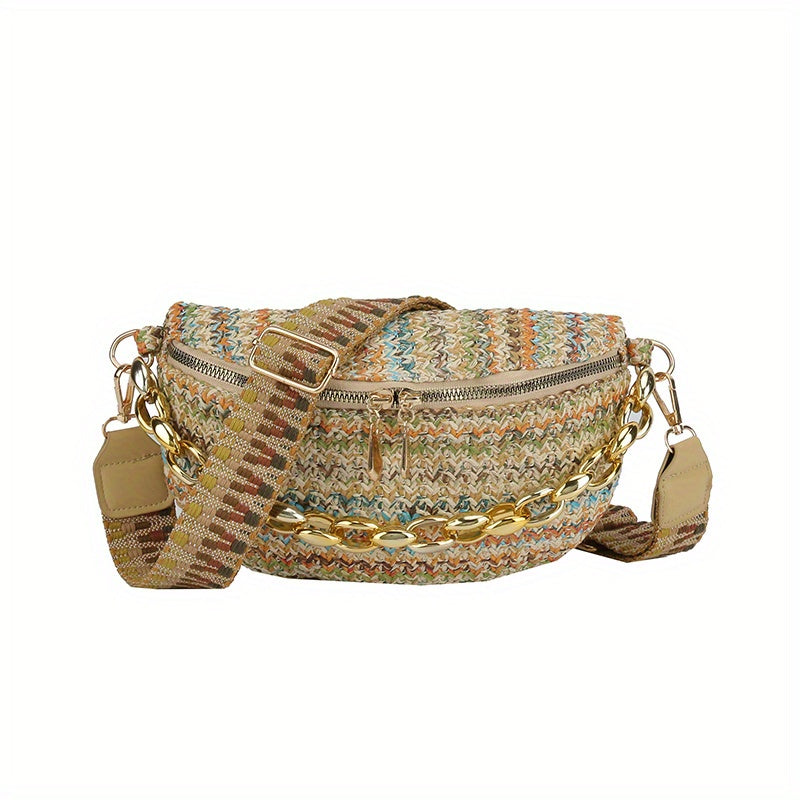 Straw Woven Waist Bag Boho Style Crossbody Bag Colorblock Stripes Chest Purses