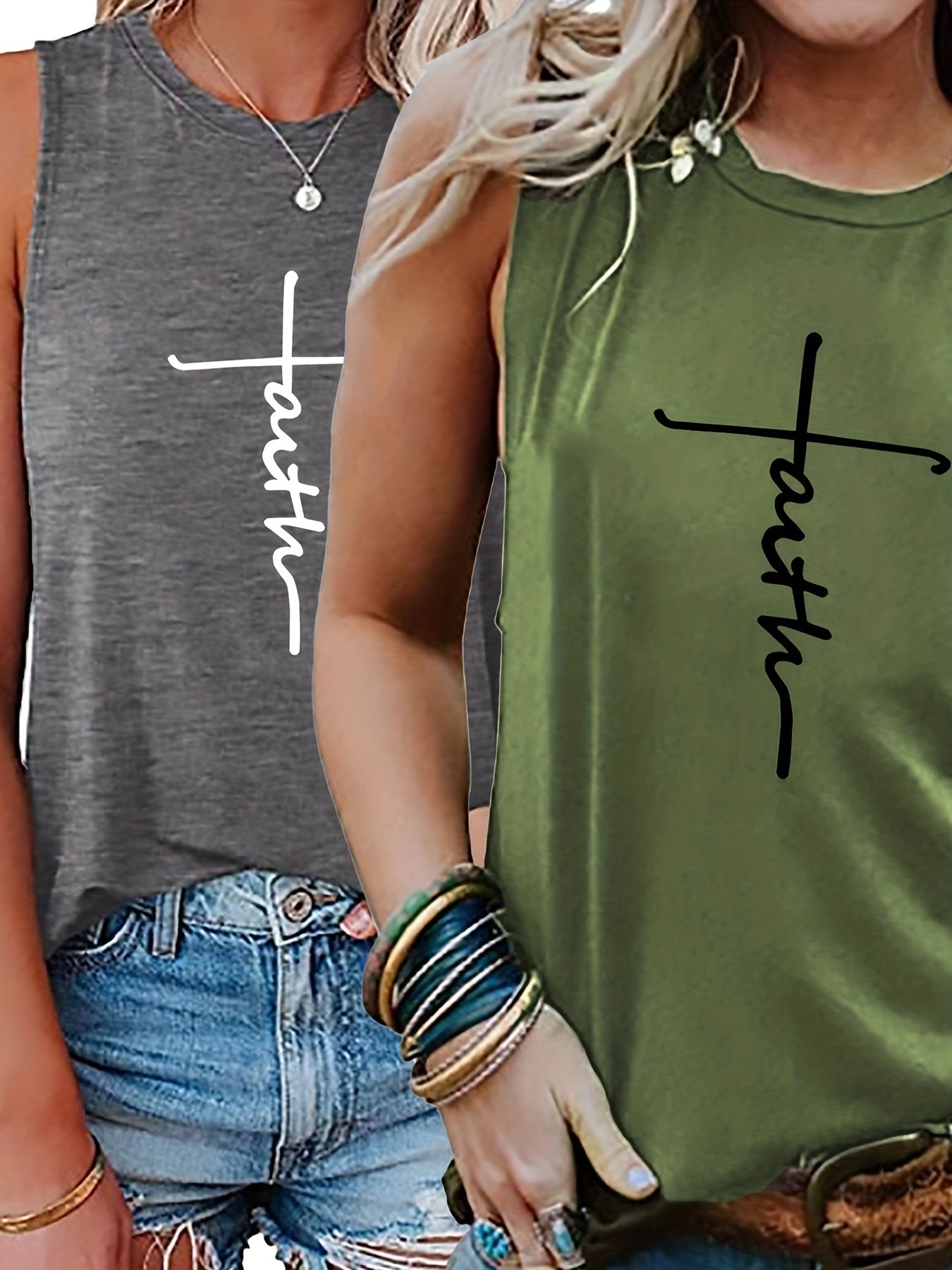 Faith Print 2pcs Tank Top Set Sleeveless Crew Neck Casual Two piece Set
