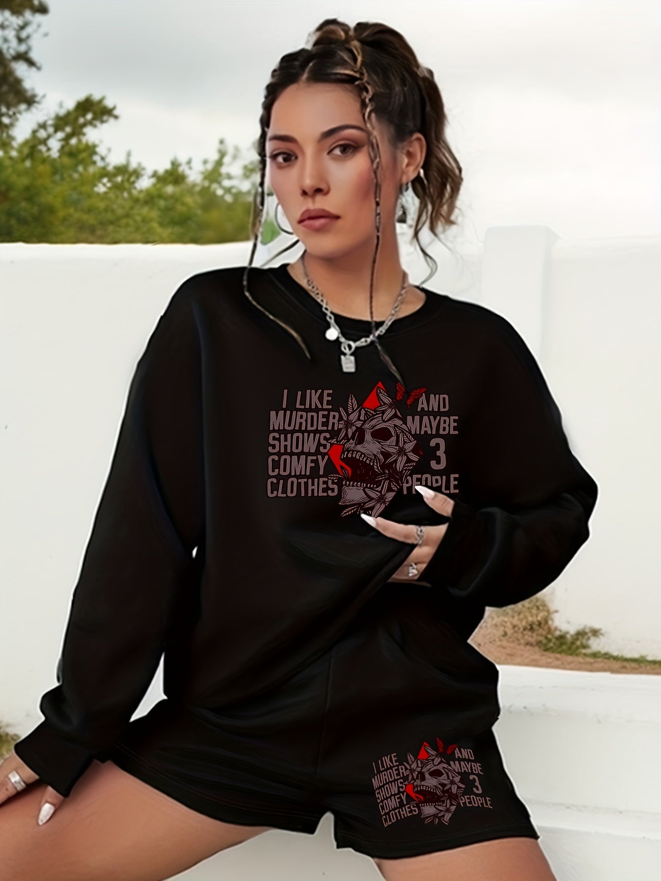 Women's Plus Halloween Graphic Sweatshirt & Shorts Set