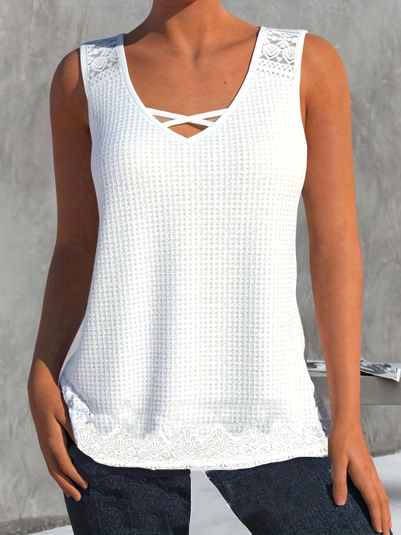  Casual Tank Top Women's Plus Lace Waffle Pattern V Neck Top