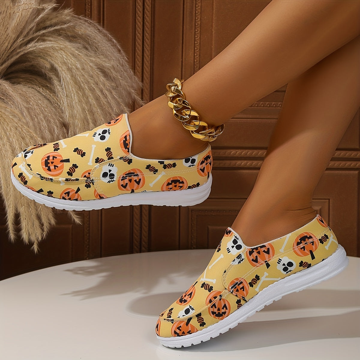 Skull & Pumpkin Print Slip-On Sneakers for Women