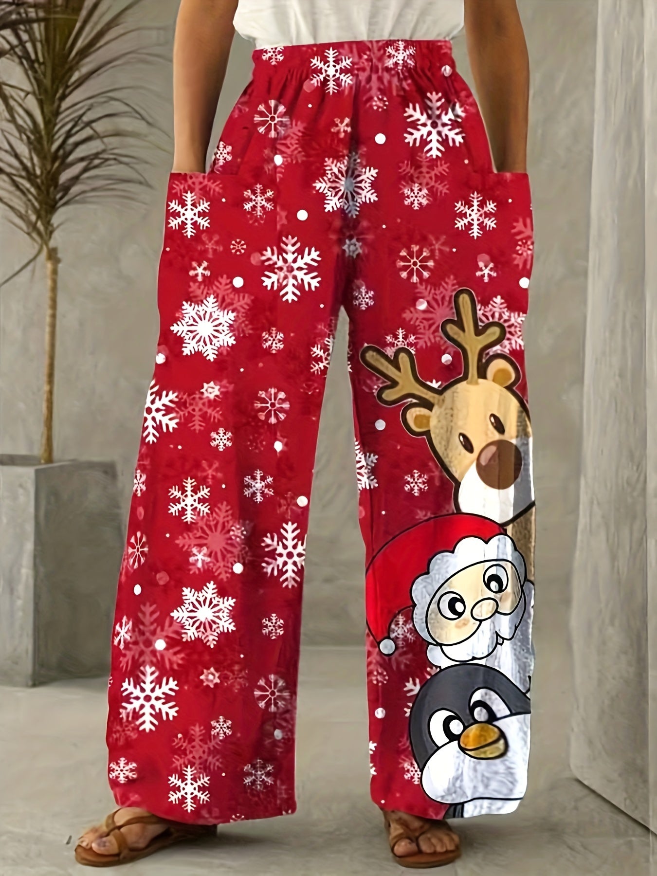 Women's Plus Santa & Reindeer Print High Rise Wide Leg Pants
