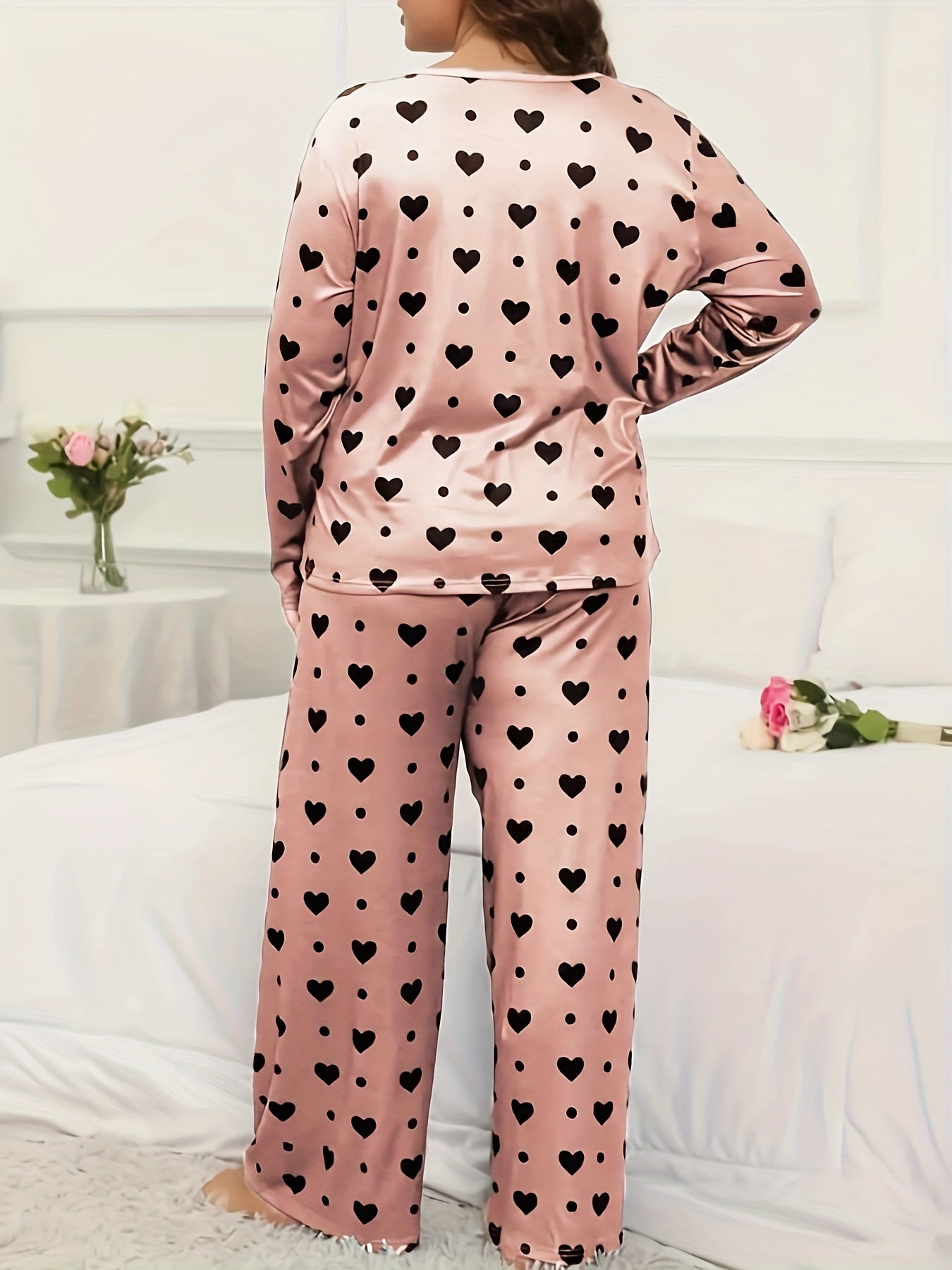  Heart & Polka Dot Print Long Sleeve Pajamas Set