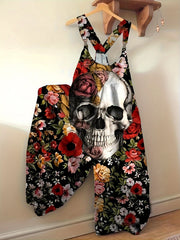  Gothic Skull & Floral Print Wide Leg Cami Jumpsuit