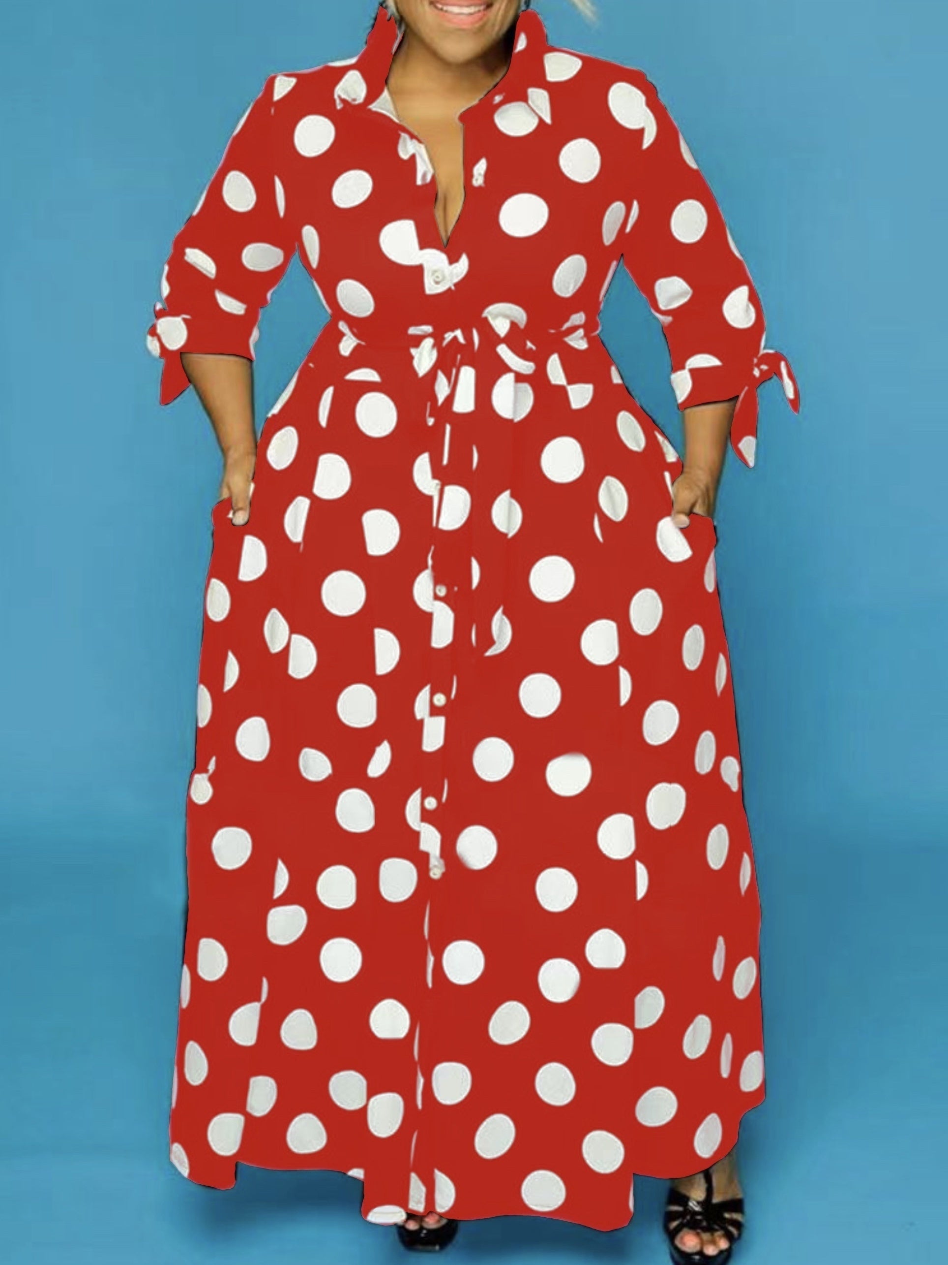 Maxi Dress Women's Plus Polka Dots Print Button Up
