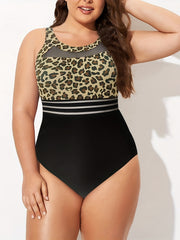 Women's Plus Leopard Print Mesh Round Neck One Piece Swimsuit
