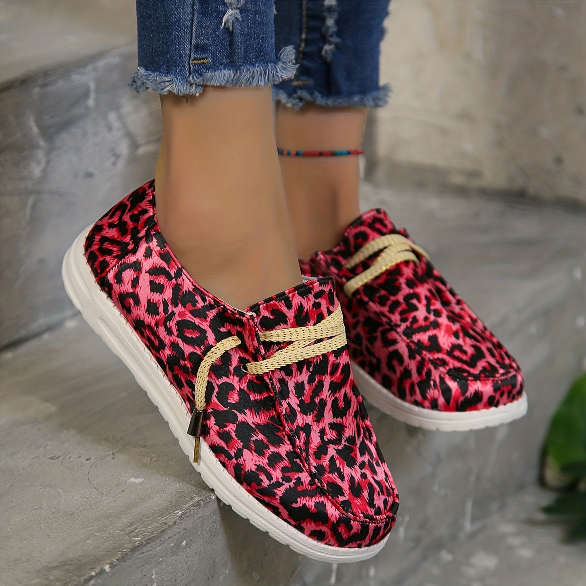 Leopard Print Canvas Lace Up Flat Shoes for Women