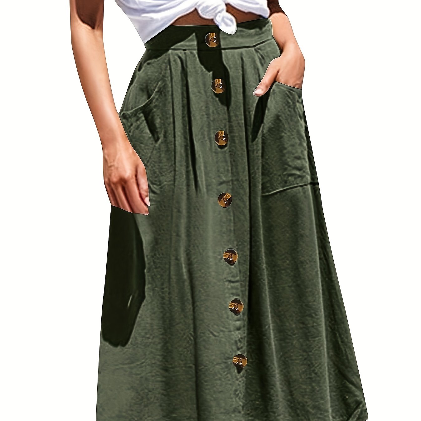  Solid Button Pleated Maxi Skirt With Pockets
