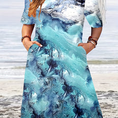  Marble Print Short Sleeve Dress with Pockets