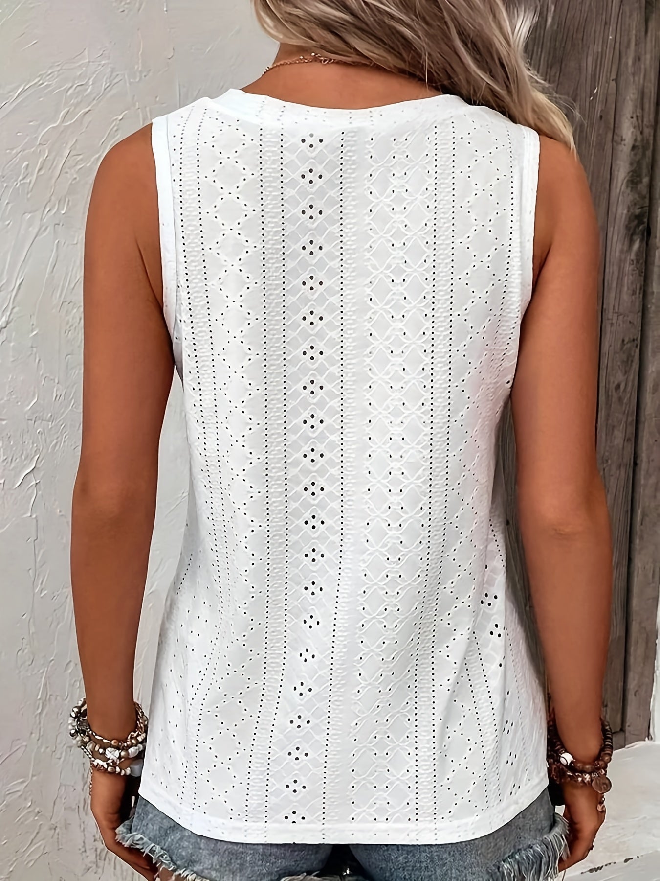  Casual Tank Top Women's Plus Jacquard Eyelet Embroidered Button