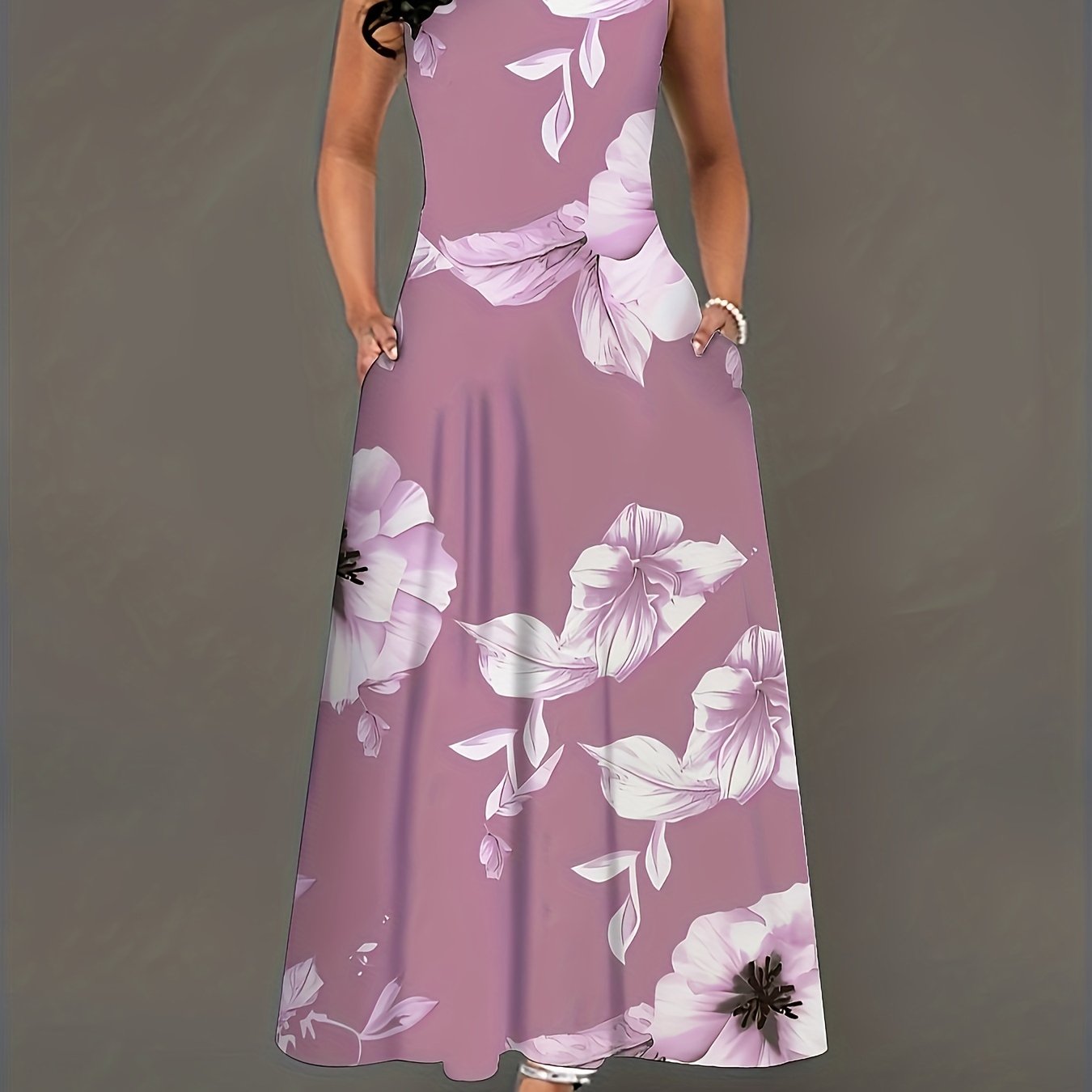  Floral Print Maxi Tank Dress With Pockets