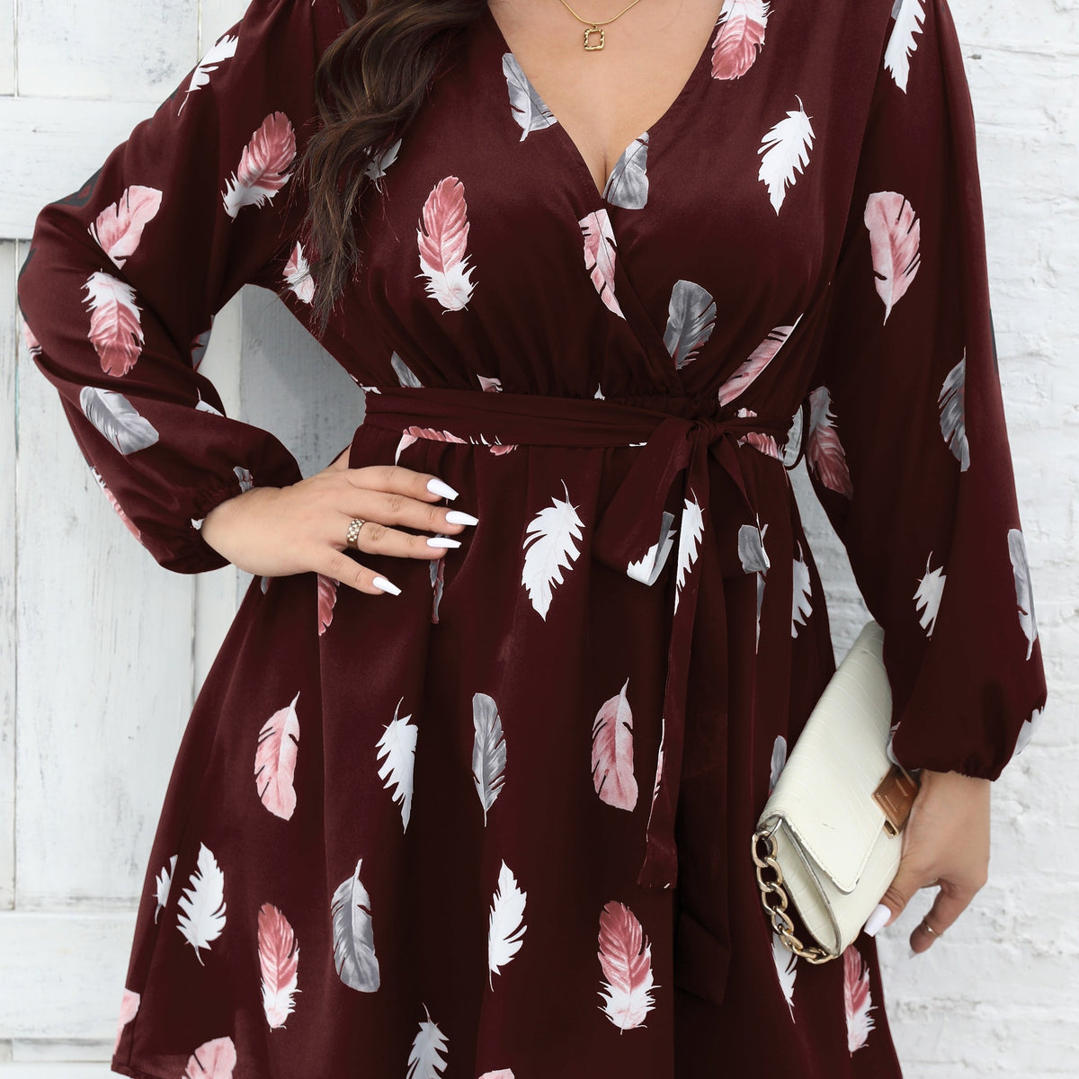 Women's Plus Feather Print Long Sleeve Dress With Belt