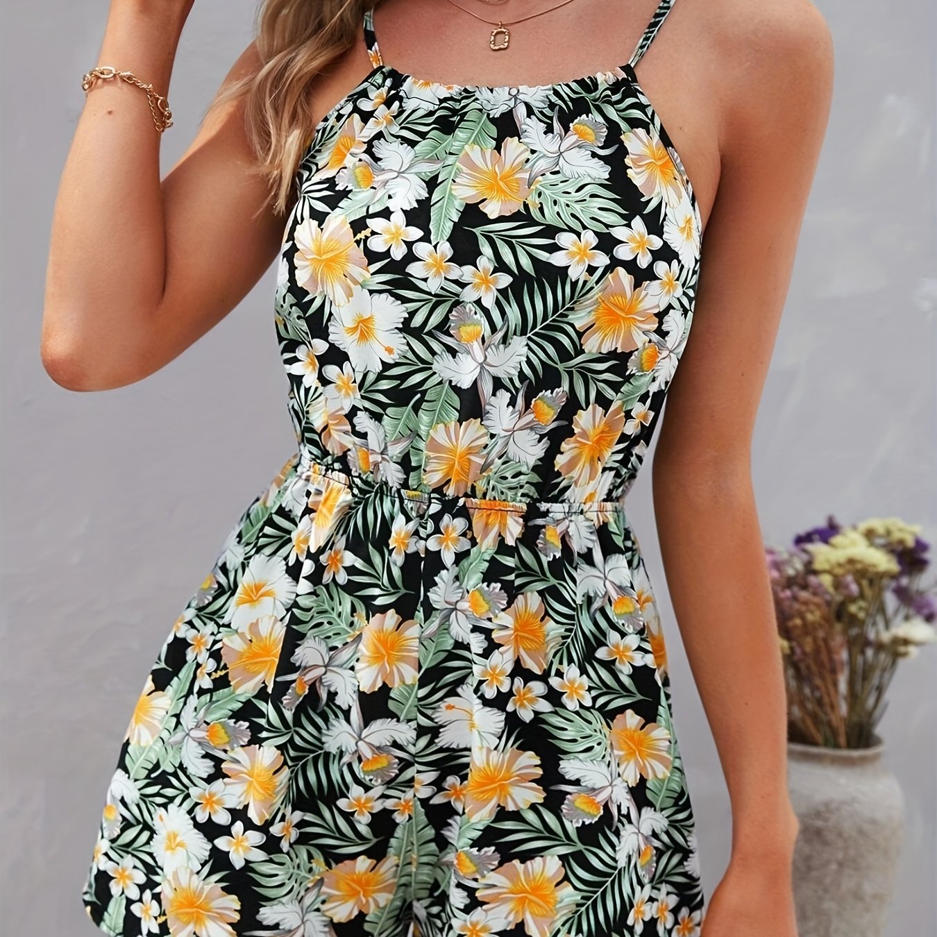 Tropical Print Spaghetti Strap Romper Vacation Slim Waist Sleeveless Romper