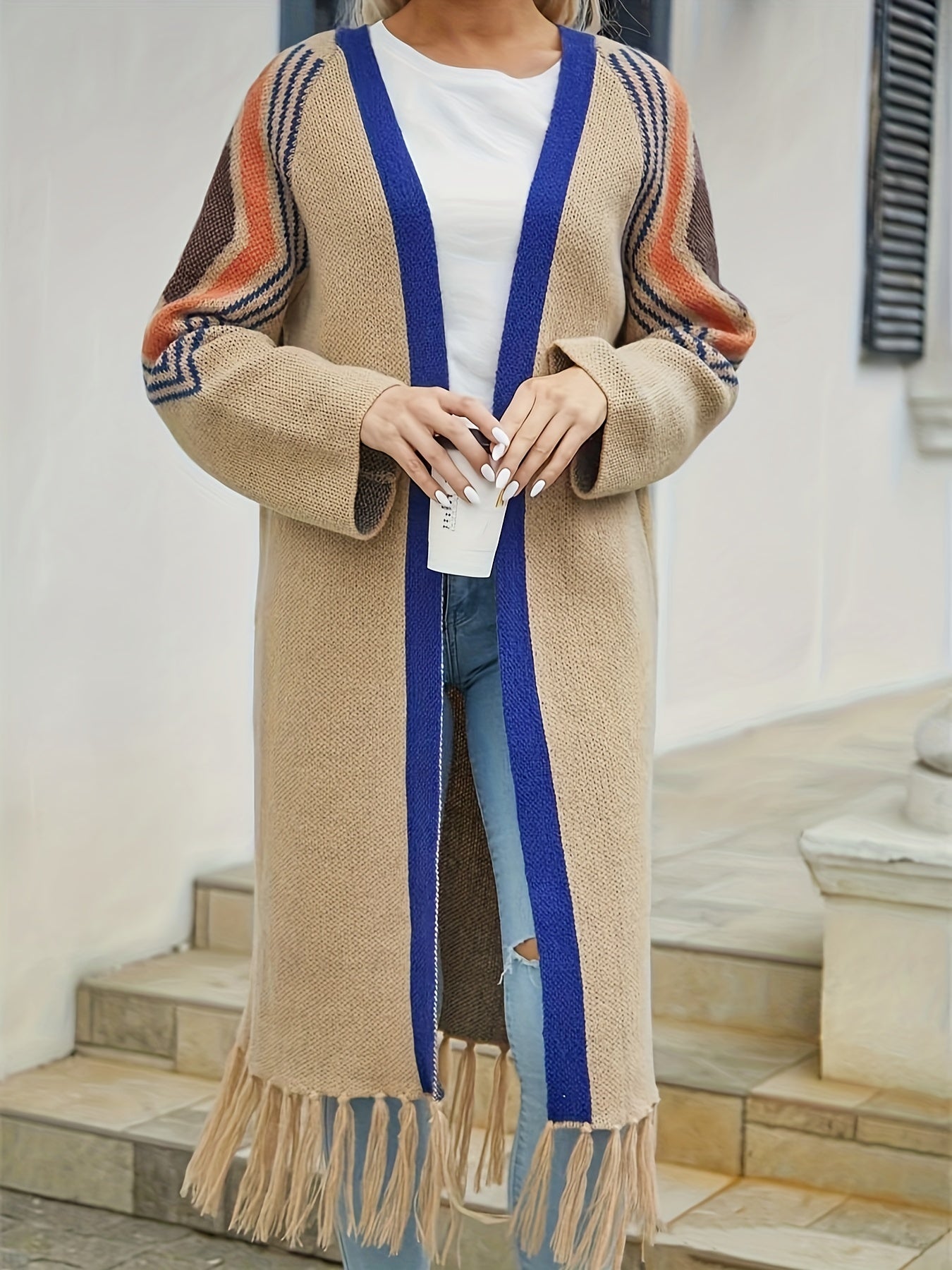  Striped Tassel Cardigan Long Sleeve High Stretch