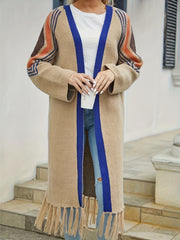  Striped Tassel Cardigan Long Sleeve High Stretch