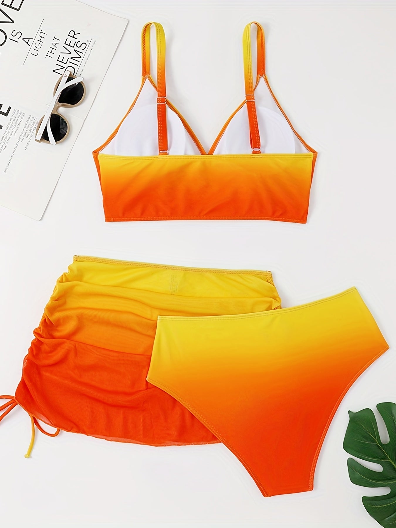 Casual Swimsuit Set Ombre Print Bra, Underwear & Cover Up Skirt