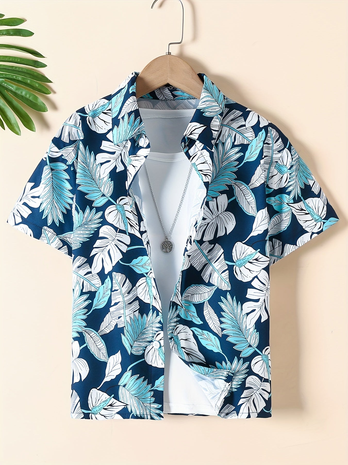 Boys Leaf Print Short Sleeves Shirt For Vacation Beach Kids Summer Clothes