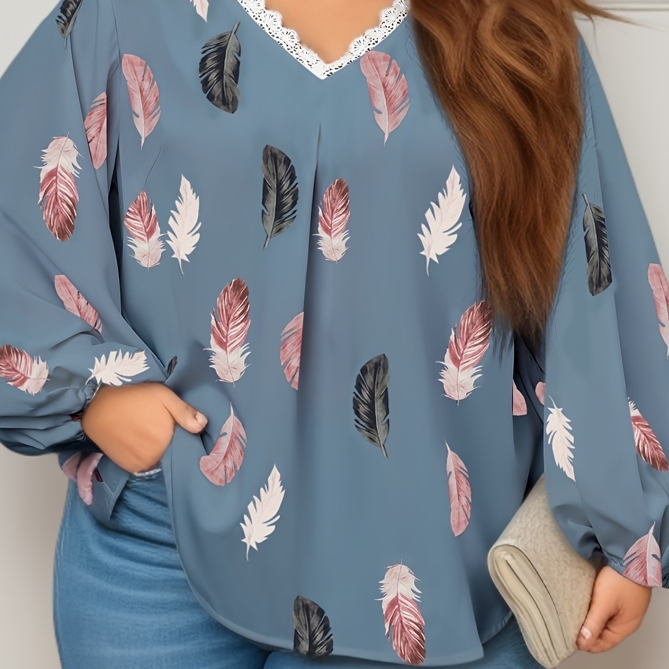  Feather Print Lace Trim Lantern Sleeve V Neck Blouse