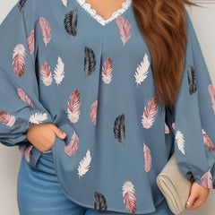  Feather Print Lace Trim Lantern Sleeve V Neck Blouse