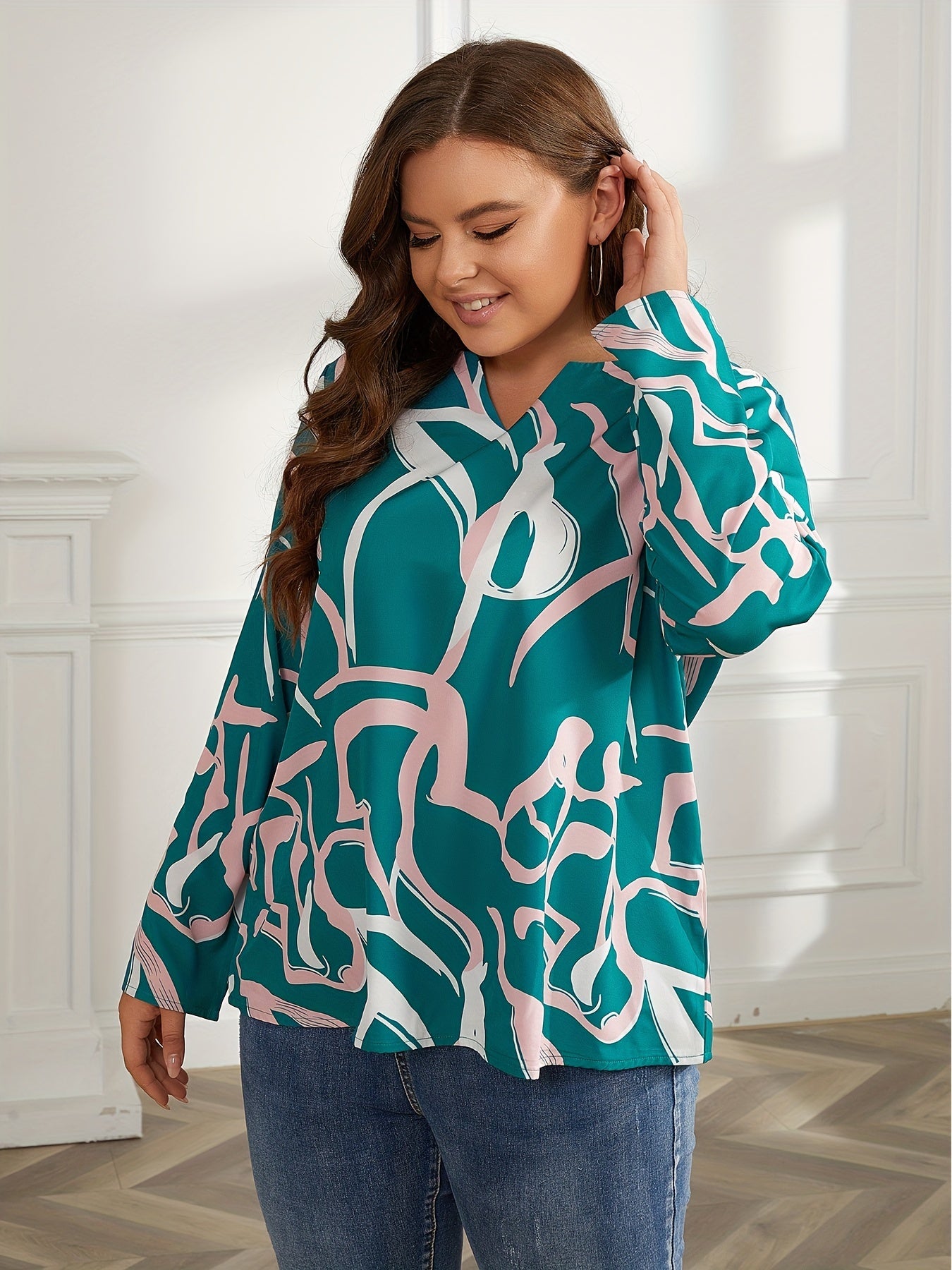  Blouse Women's Plus Print Long Sleeve Notched Neck Top