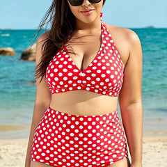 Polka Dot V Neck Halter Bra & High Rise Panty Swimsuit Set