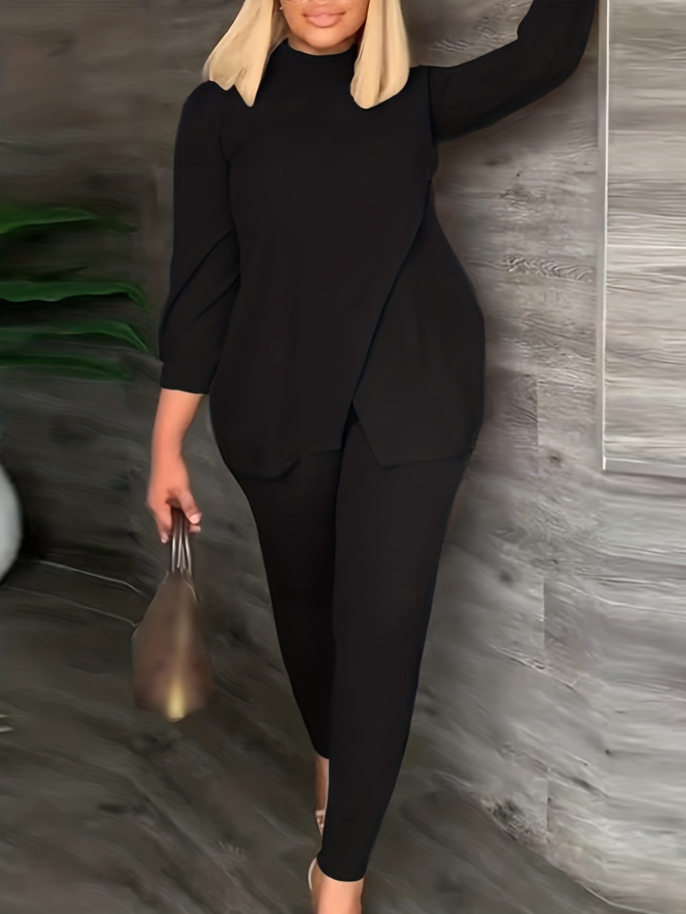  Solid High Neck Split Top & Skinny Pants 2pcs Set