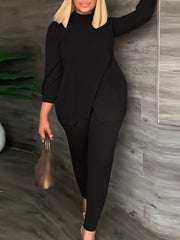  Solid High Neck Split Top & Skinny Pants 2pcs Set