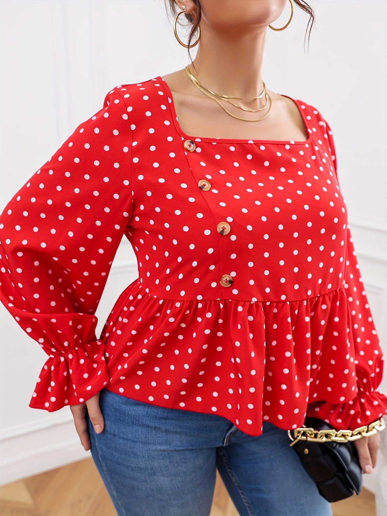  Polka Dot Lantern Sleeve Peplum Top