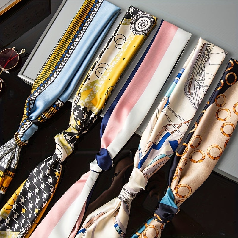 Long Ribbon Scarf Silk Thin Necktie Twill Floral Print Classic Hairband