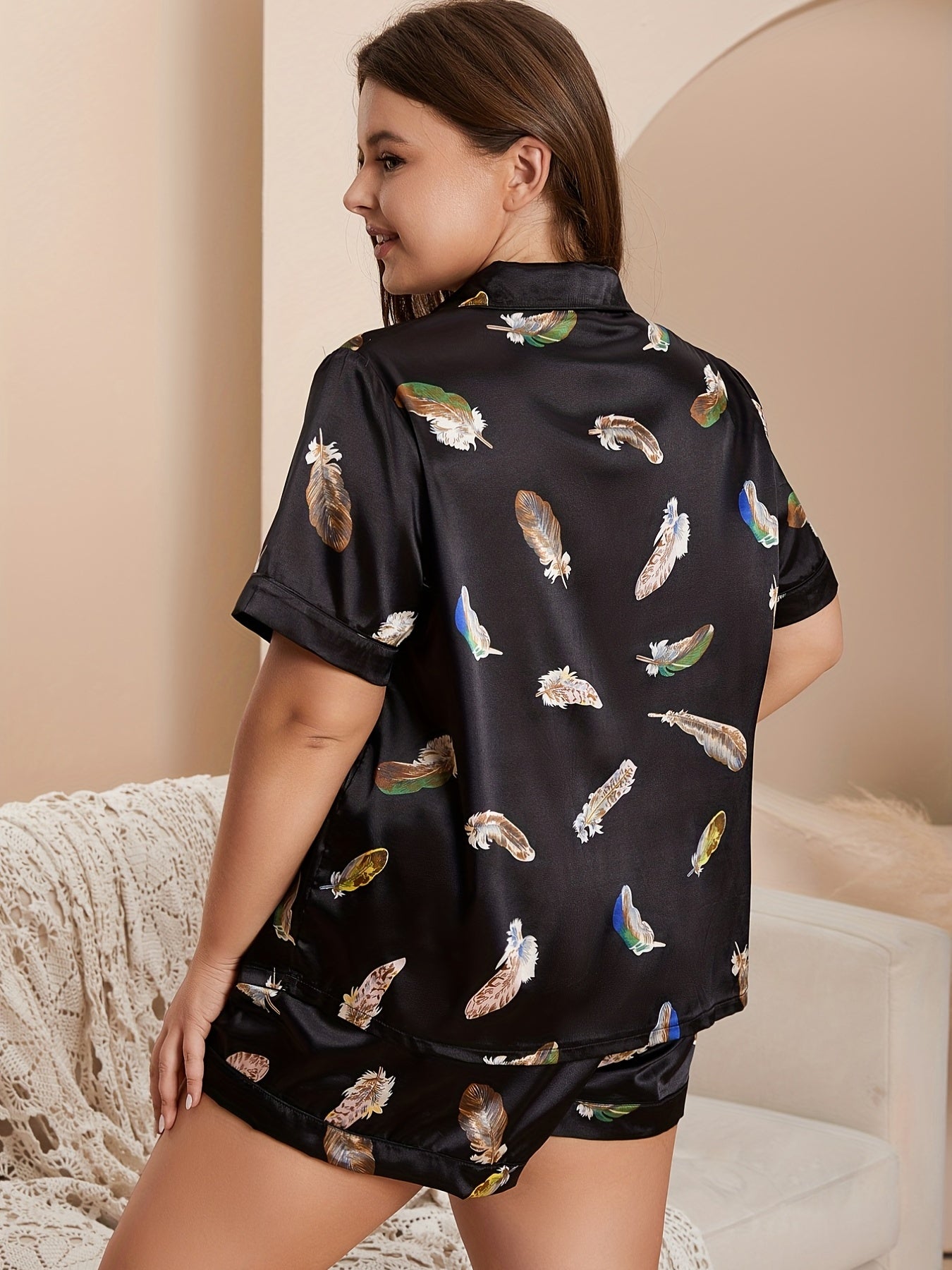  Satin Feather Print Pajama Set
