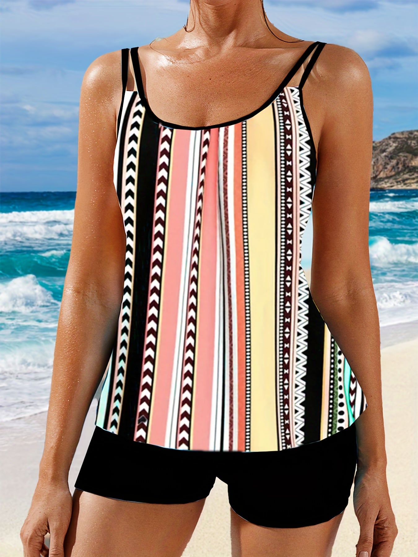  Stripe Print Tankini Set Women's Plus Cami Top & Shorts Swimsuit