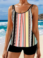  Stripe Print Tankini Set Women's Plus Cami Top & Shorts Swimsuit