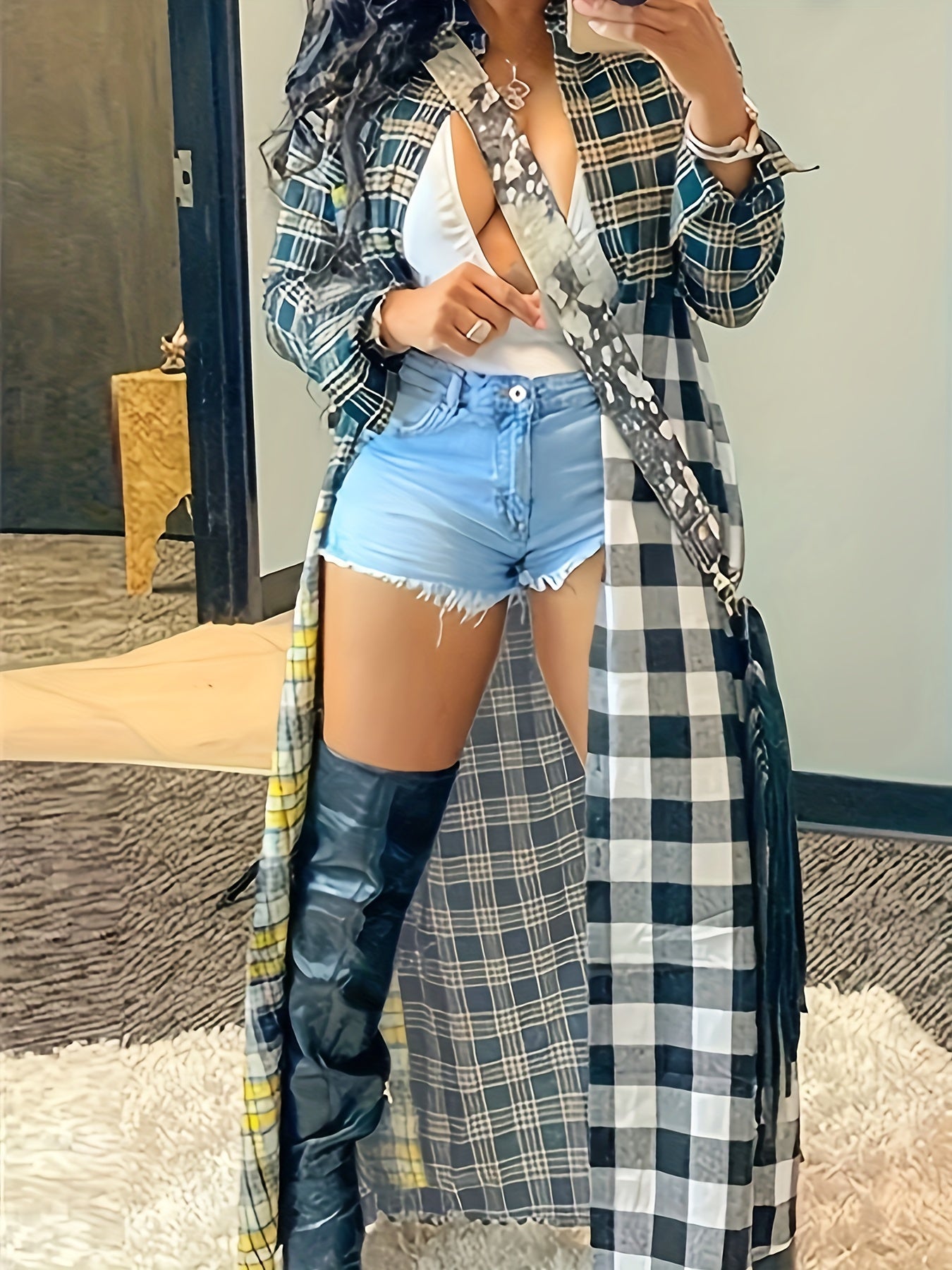  Colorblock Plaid Print Button Up Long Sleeve Shacket
