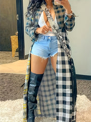  Colorblock Plaid Print Button Up Long Sleeve Shacket