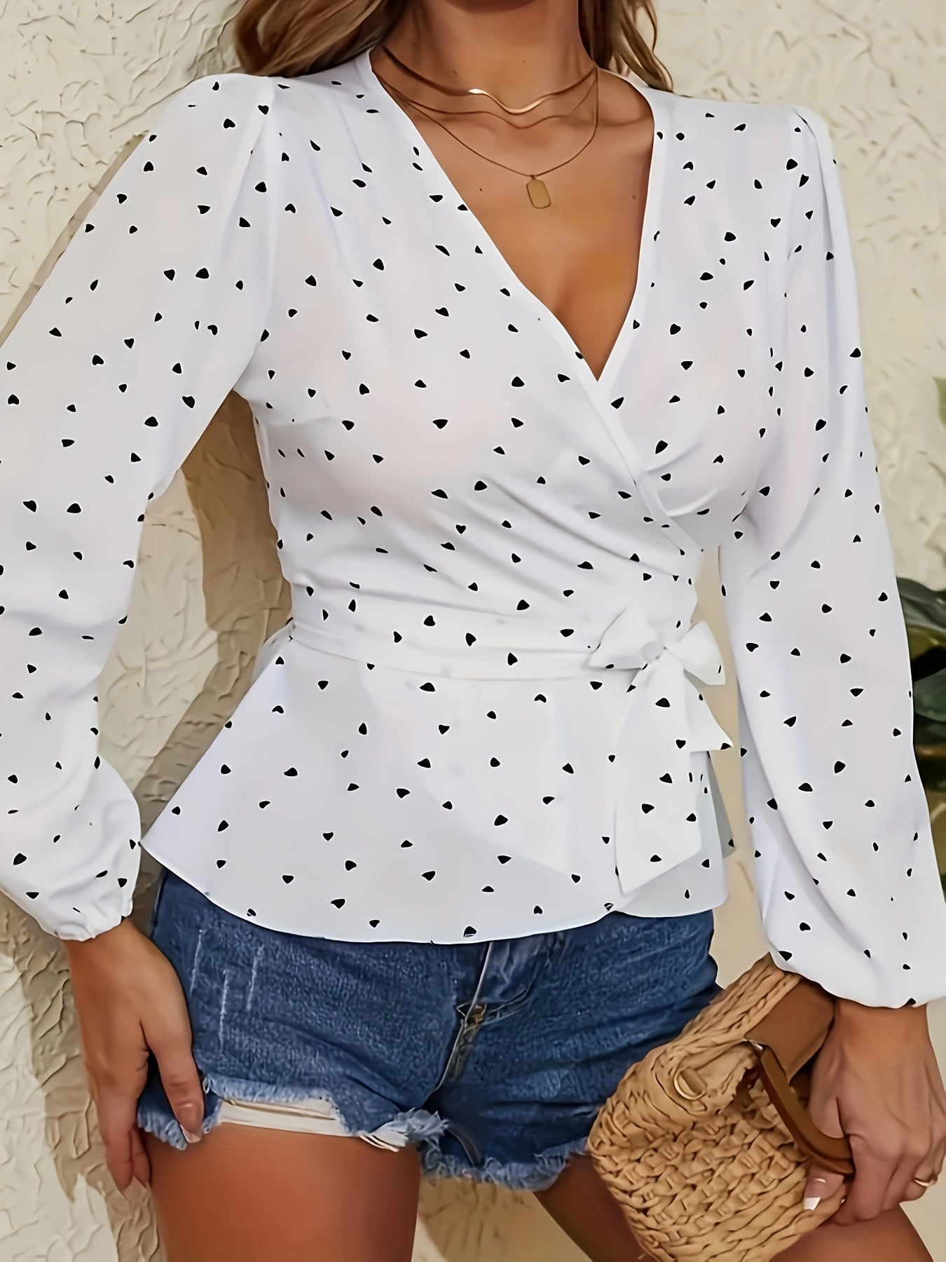  Heart Print Long Sleeve Peplum Top