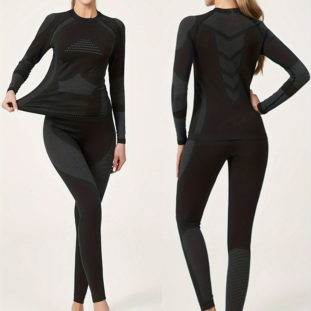 2Pcs Thermal Underwear Set Long Sleeve Round Neck Base Layer Top & Leggings