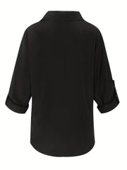  Basic Blouse Women's Plus Solid Button Up Roll Up Sleeve